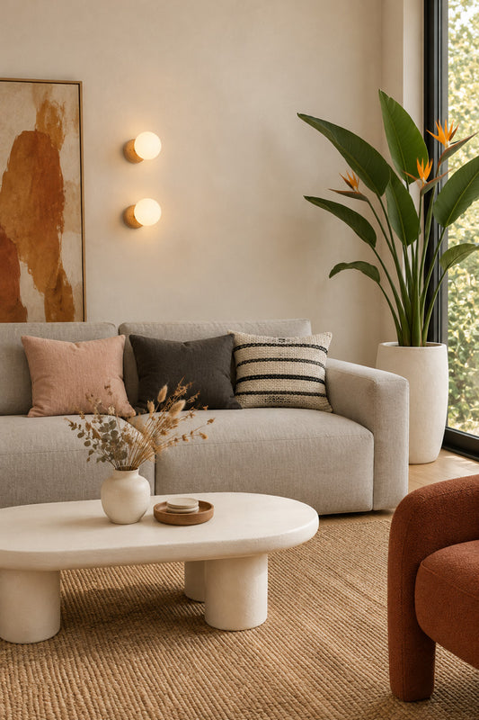 Oslo Glass wood Wall Light in living room above the couch