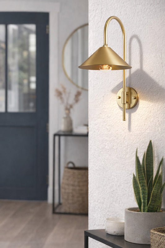 Gold/brass shepherds hook wall sconce with solid brass cone shade as an entry table light