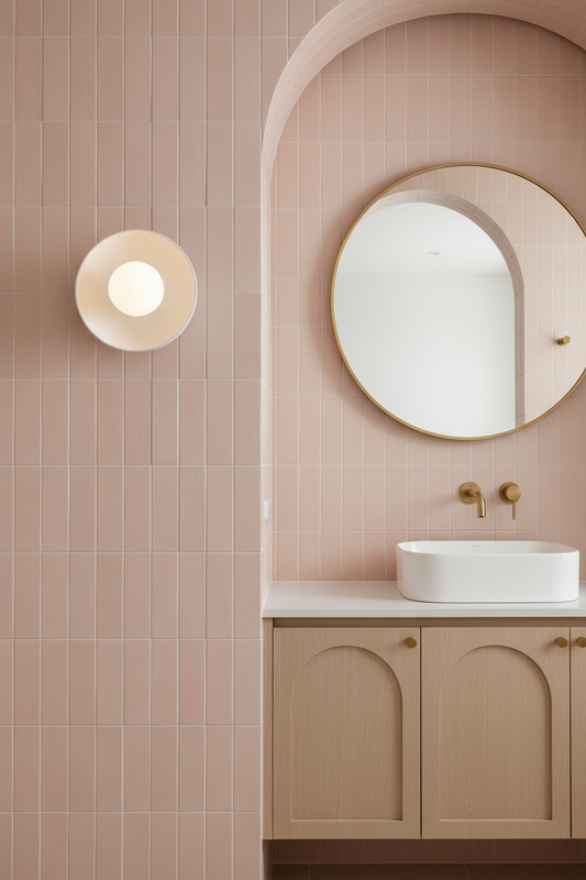 Bathroom interior with ceramic dish wall light, pink tiled walls, a round mirror, and a sink.