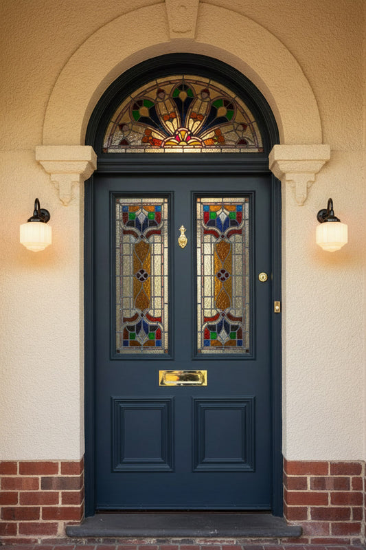 A dark navy blue double front door with decorative stained glass panels and two Deco opal shade on a black exterior gooseneck wall sconce shown at the front door of a heritage style house. 