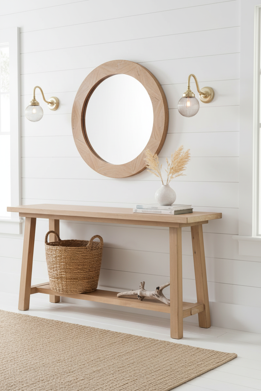 Two dakota wall llights next to a wooden console table with round mirror and decorative items against a white wall.
