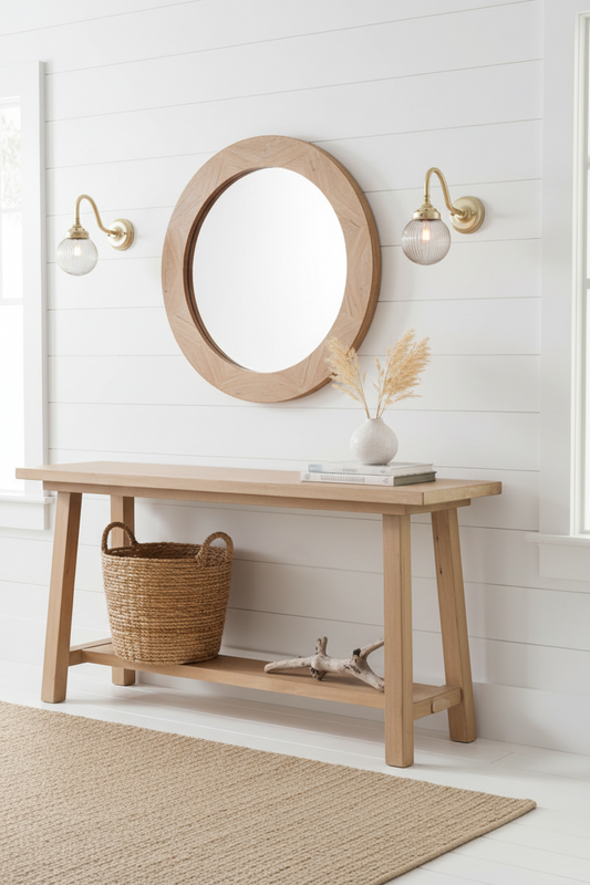 Two dakota wall llights next to a wooden console table with round mirror and decorative items against a white wall.