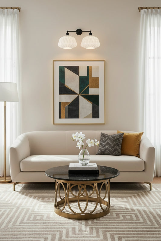 Geometric pattern opal glass shades on a black ouble light wall sconce over a contemporary living space. 