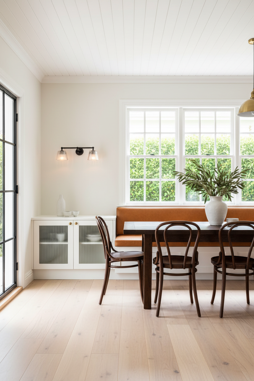 Black double ar wall sconce paired with two Davis fluted glass shades over a sideboard in a light filled dining space. 