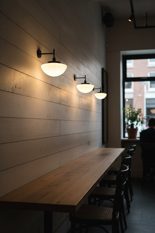 cafe area with 3 wall lights above bench seating
