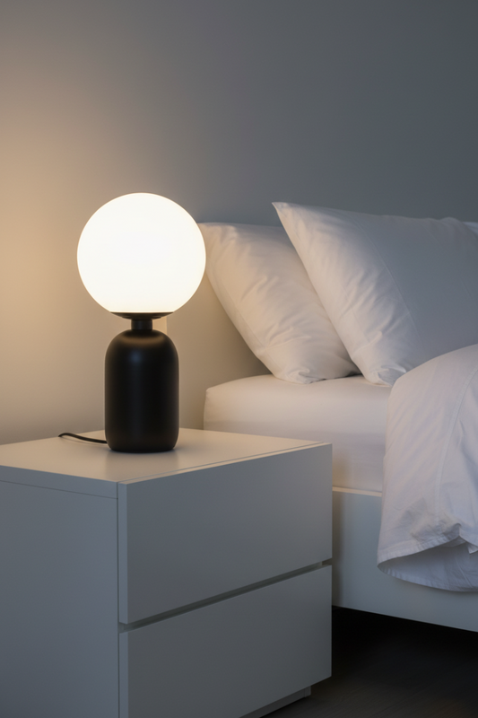 Black table lamp with opal glass ball shade. 