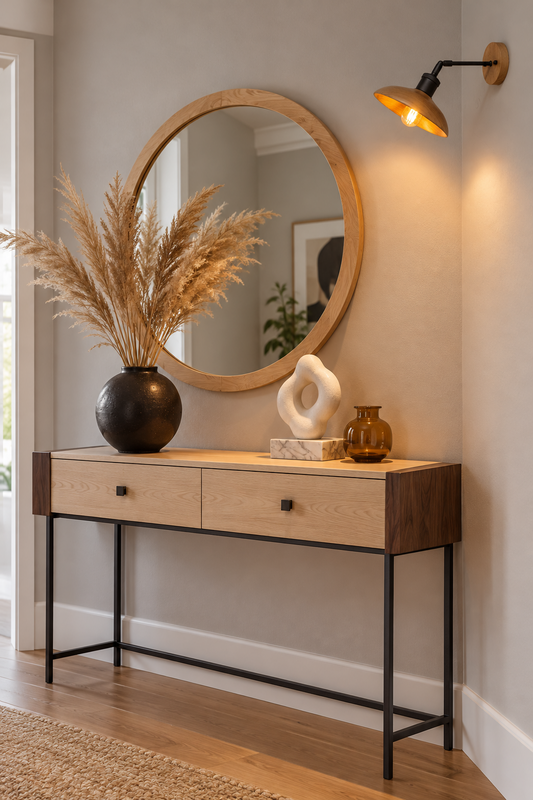 wooden wall lamp above console in hallway. timber modern 