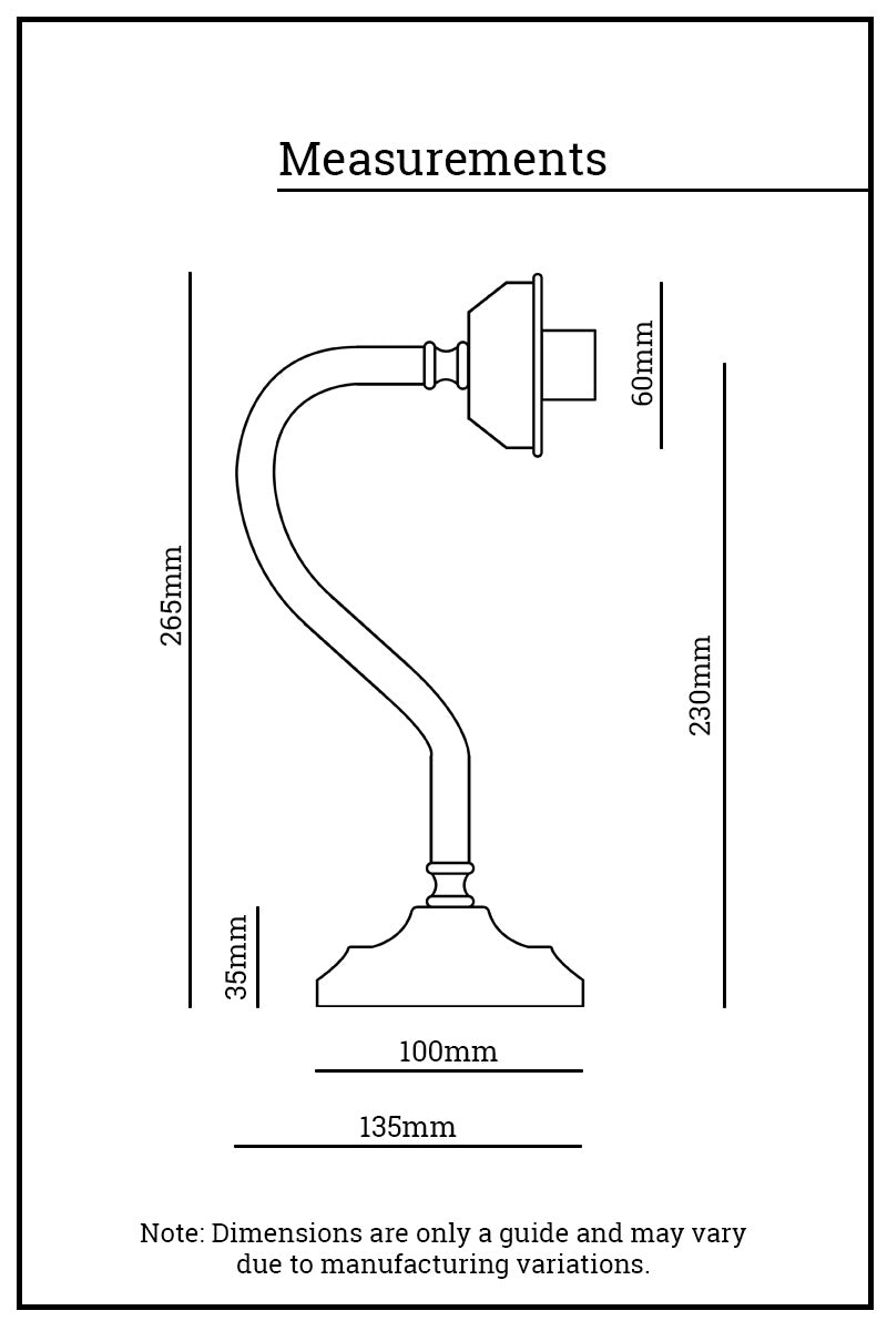 Dimension illustration of the 2 1/4 inch integrated gallery, gooseneck wall sconce. 