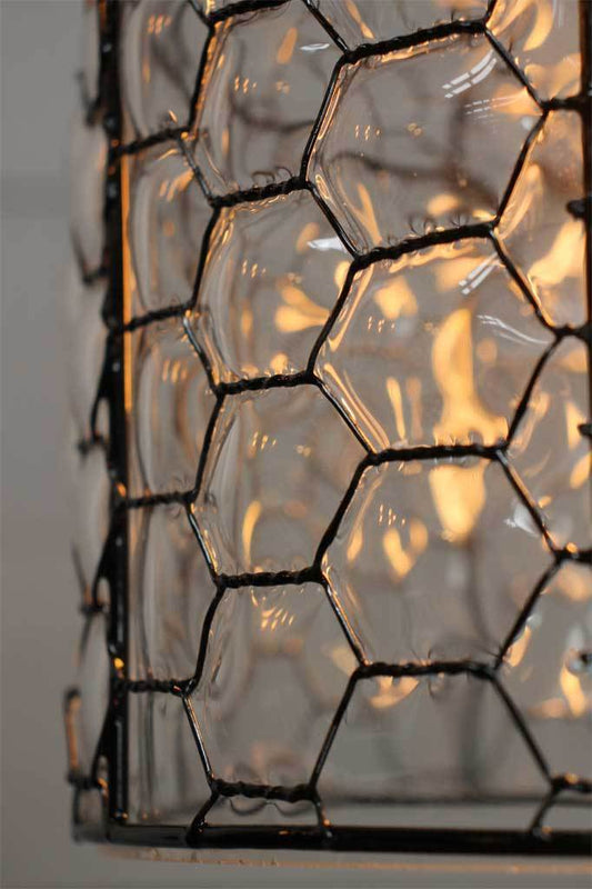 industrial vintage wall light gooseneck arm with honeycomb and tessallated design metal wire shade