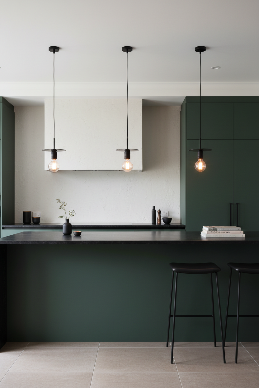 Modern kitchen interior with dark green cabinetry and island, black disc pendant lights above island