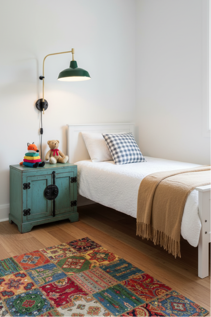 A children's bedroom featuring a single bed with a green warehouse wall lamp is mounted on the white wall above the bed.