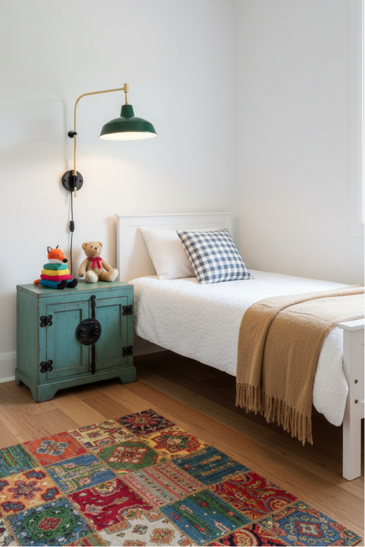 A children's bedroom featuring a single bed with a green warehouse wall lamp is mounted on the white wall above the bed.