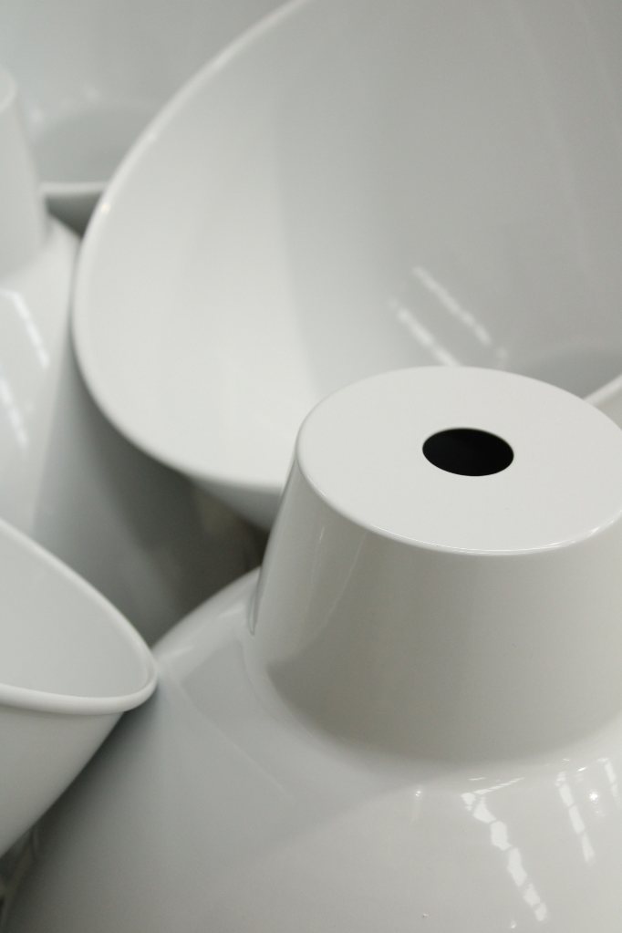 Steel industrial shade with white painted outer and white painted inner. 