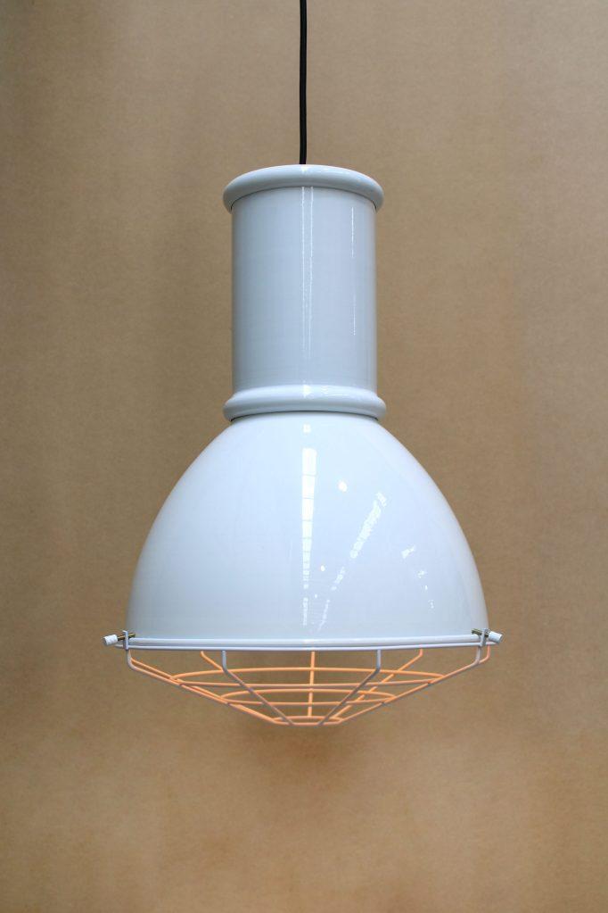 White loft shade with tall white shade cap and shade guard. 