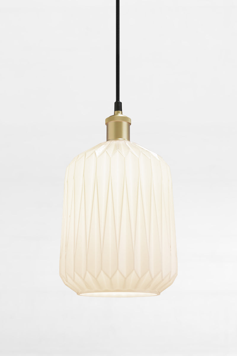 opal shade with geometric design on a black pendant cord and gold/brass lampholder.