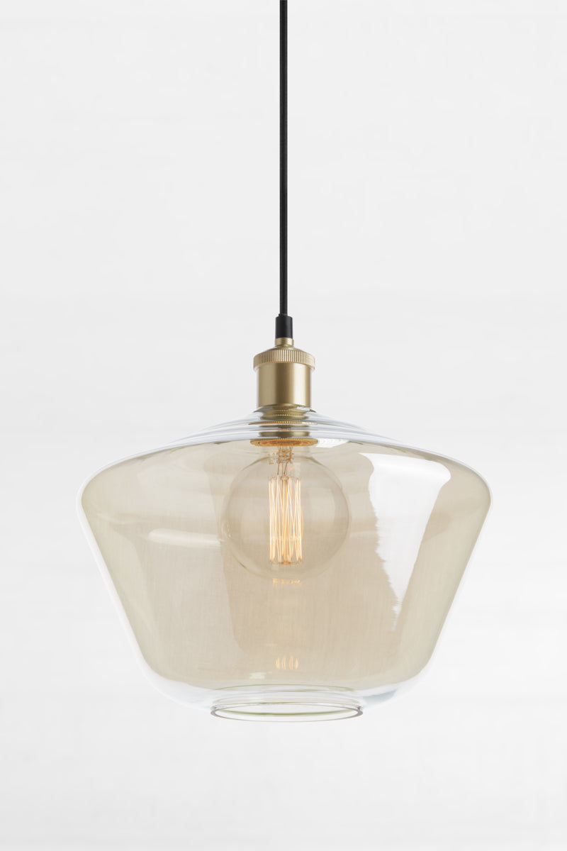 Shade A- large schoolhouse shaped shade with champagne finishes glass with a rippled top and a gold/brass lampholder. 