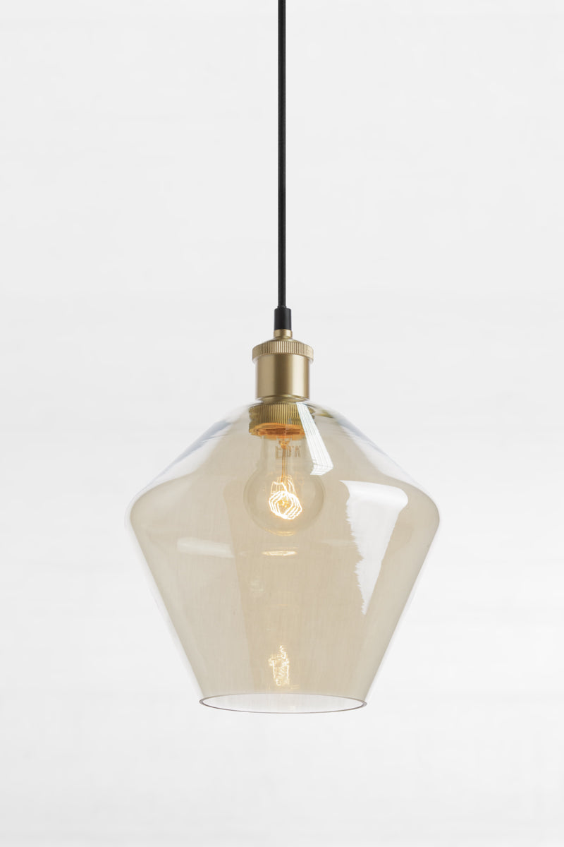 Shade B- Medium almost diamond shaped shade with champagne finishes glass and a gold/brass lampholder.  
