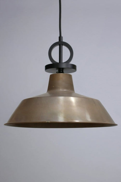 Aged brass factory pendant with black disc cord