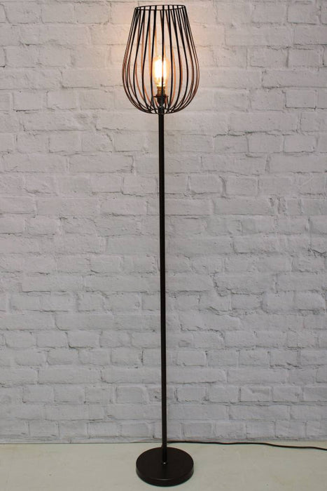 Black floor lamp with black cage shade