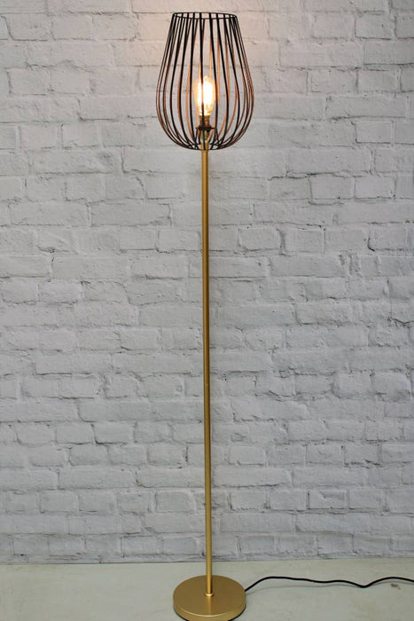 Gold/brass floor lamp with black cage shade