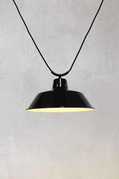Black factory pendant light with no cover
