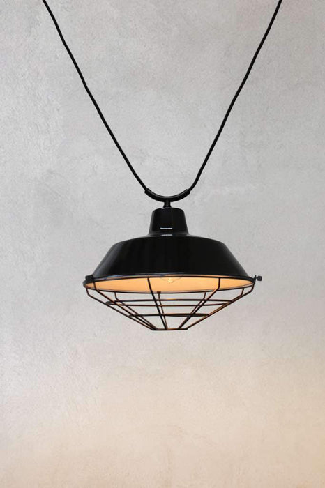 Black factory pendant light with cage guard