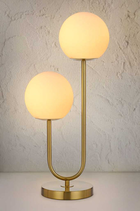 Bowman Twin Table Lamp Gold Opal - lights on