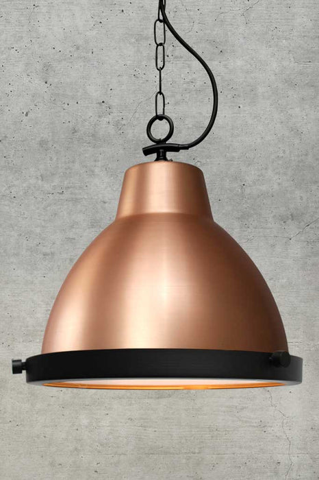 Bright Copper Pendant with black side entry chain and flat glass cover