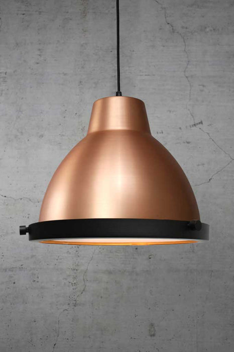 Bright Copper Pendant with black cord and flat glass cover