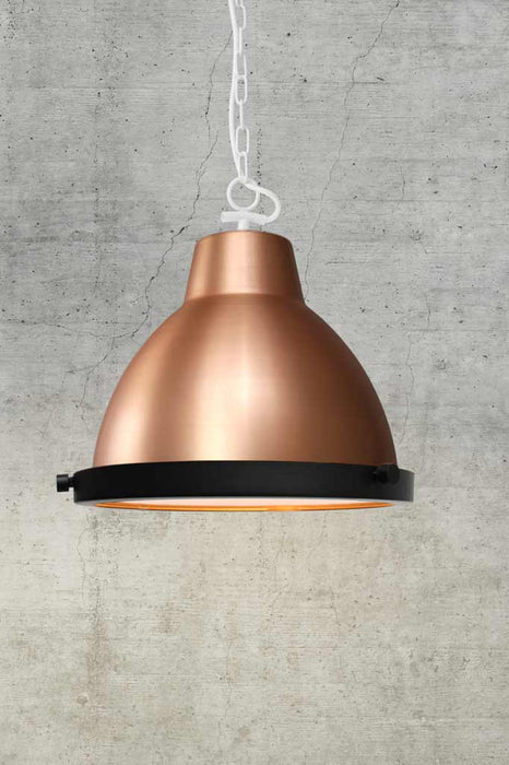 Bright Copper Pendant with white side entry chain and flat glass cover