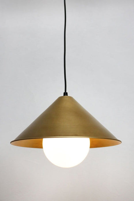 Bright brass cone light with opal glass ball shade