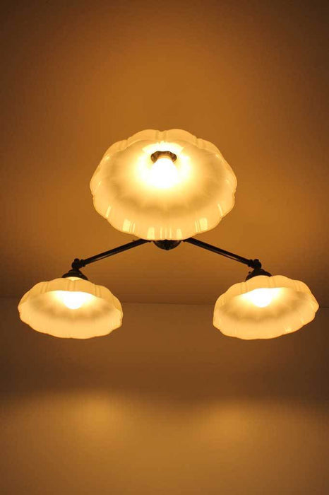 C133 small three arm ceiling light glass shades vintage style industrial under shot