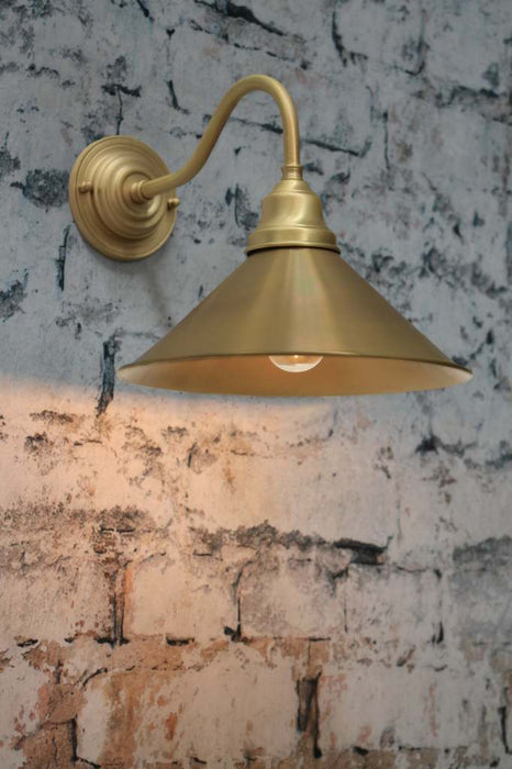 Cone Gooseneck Outdoor Wall Light with satin brass arm and aged brass shade