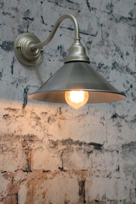 Cone Gooseneck Outdoor Wall Light with satin nickel arm and vintage steel shade
