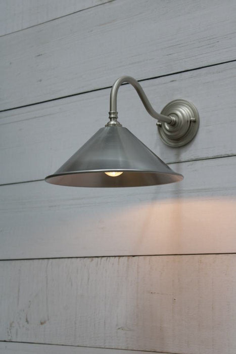 Cone gooseneck wall light in satin nickel finish with small vintage steel shade