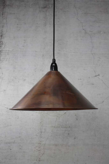 Cone outdoor pendant light with large aged copper shade