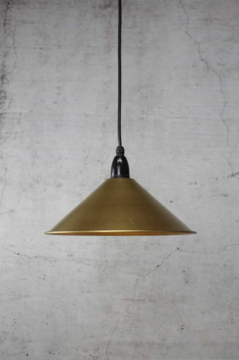 Cone outdoor pendant light with small bright brass shade