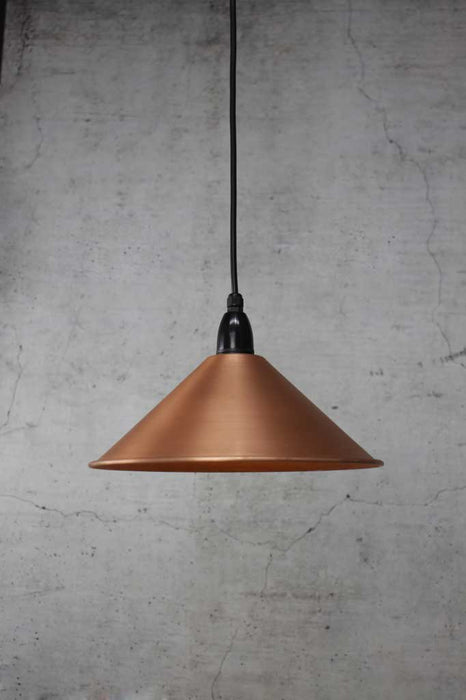 Cone outdoor pendant light with small bright copper shade