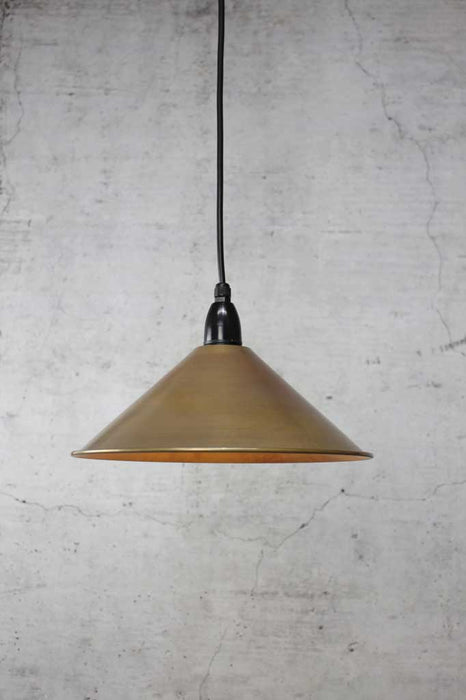 Cone outdoor pendant light with aged brass shade