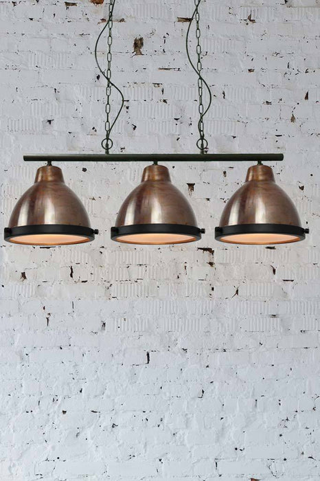 Copper three light pendant with flat glass cover