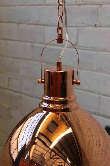 Copper dome pendant light with copper chain and clear pendant cord