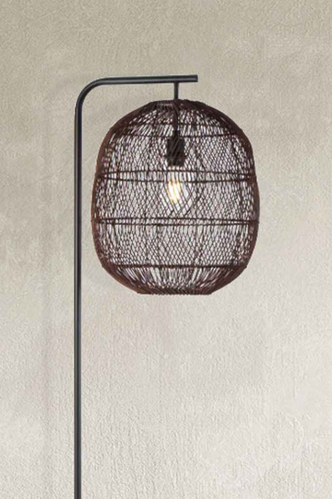 Close-up of rattan shade in brown. 