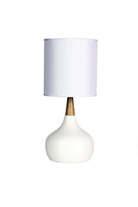 Elk table lamp in white with white base and natural timber feature contrasts with the painted metal finish for the perfect scandi lamp.