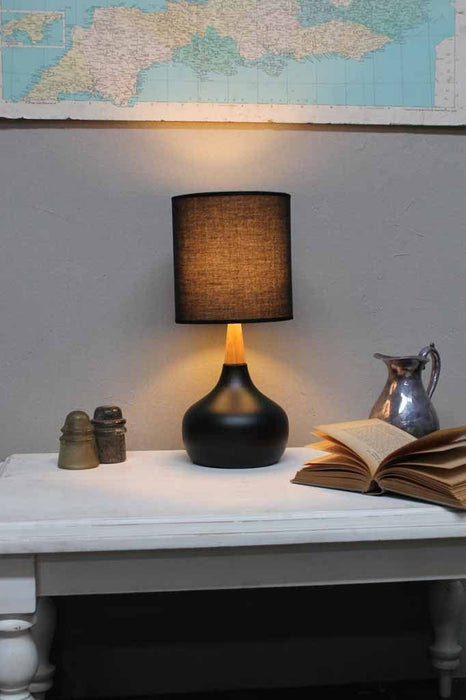 Elk table lamp with black metal base and black shade with timber feature. Touch table lamps in white black or copper