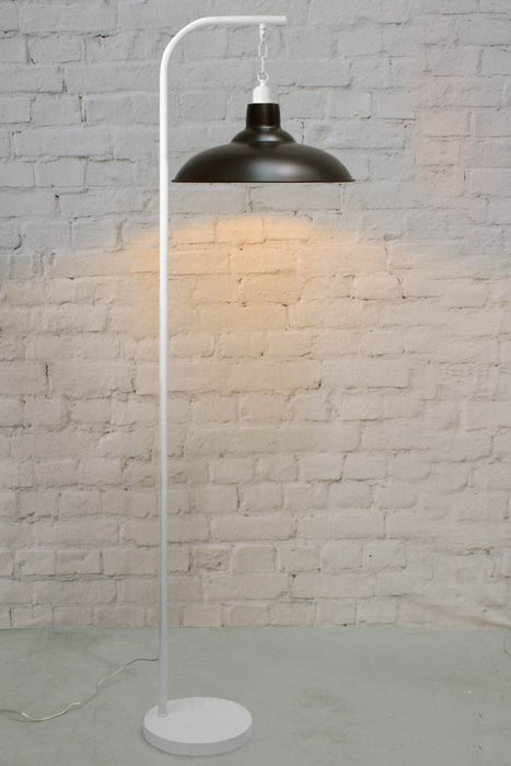 white floor lamp with suspended black shade
