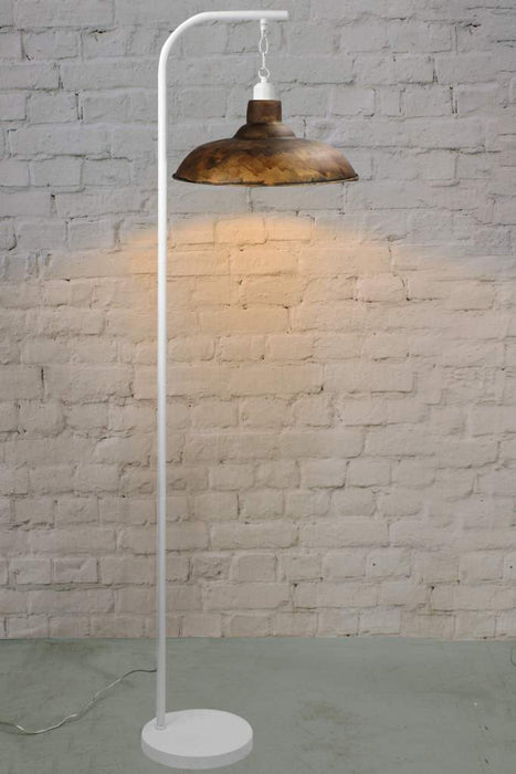 white floor lamp with suspended rust finish shade