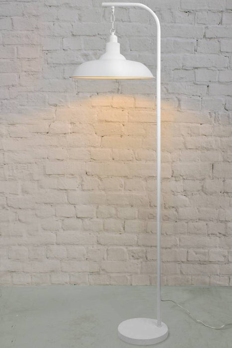 white floor lamp with suspended white shade