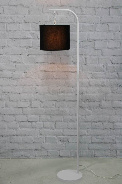 White floor lamp with black fabric shade