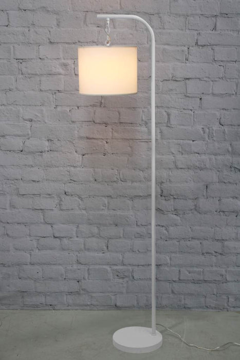 White floor lamp with white fabric shade