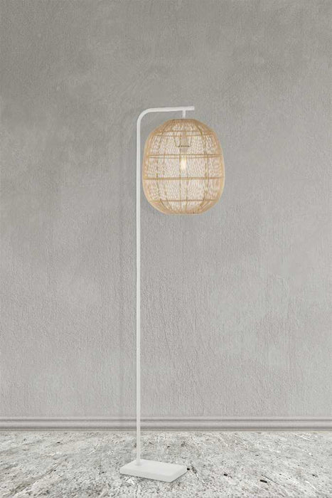 Rattan floor lamp in natural finish against grey background. 
